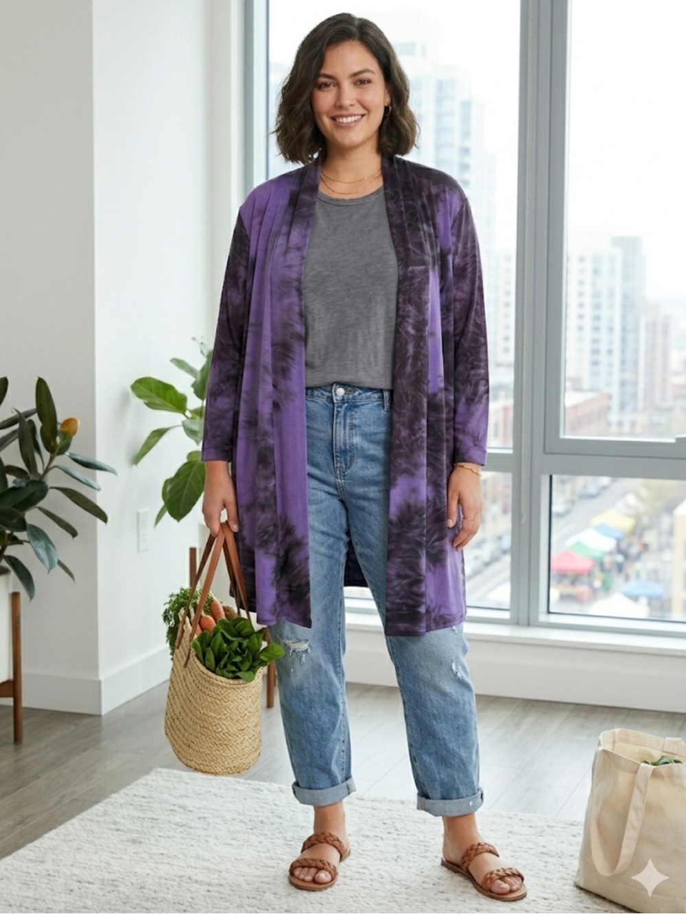 Caroline Rose Purple and Black Tie-Dye Open Drape Cardigan size XL